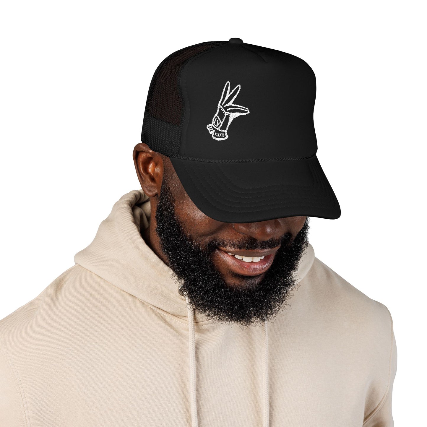 Retro Embroidered 5 Panel Trucker Cap - LV Hand Sign