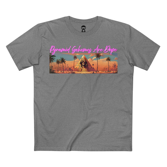 Athletic Heather t-shirt printed with the Pyramid Schemes Are Dope design