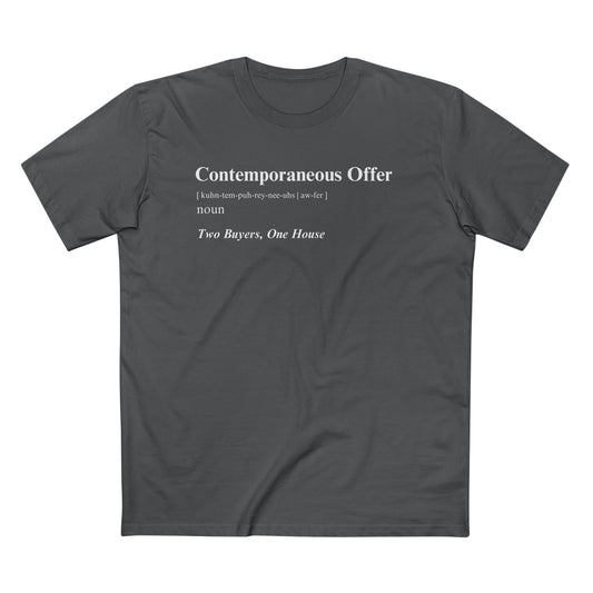 Charcoal t-shirt printed with the Contemporaneous Offer Dark design