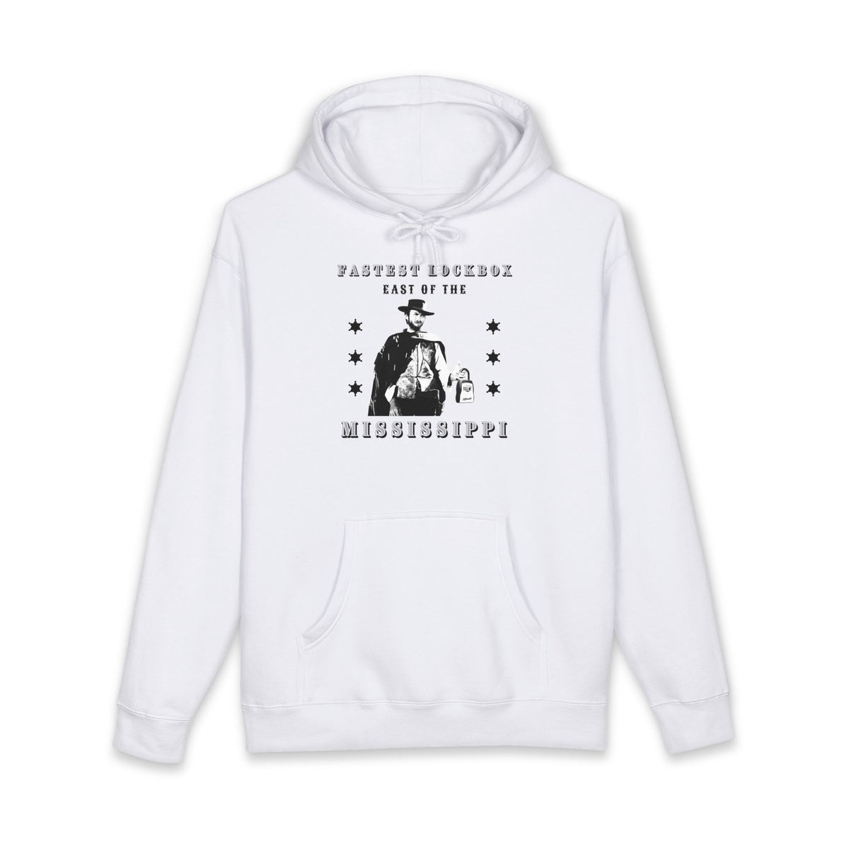 White hoodie printed with the Fastest Lockbox East design