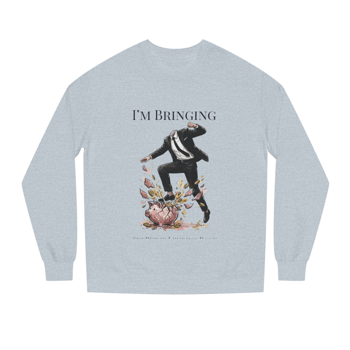Grey Heather crewneck sweatshirt printed with the Subprime Lending design
