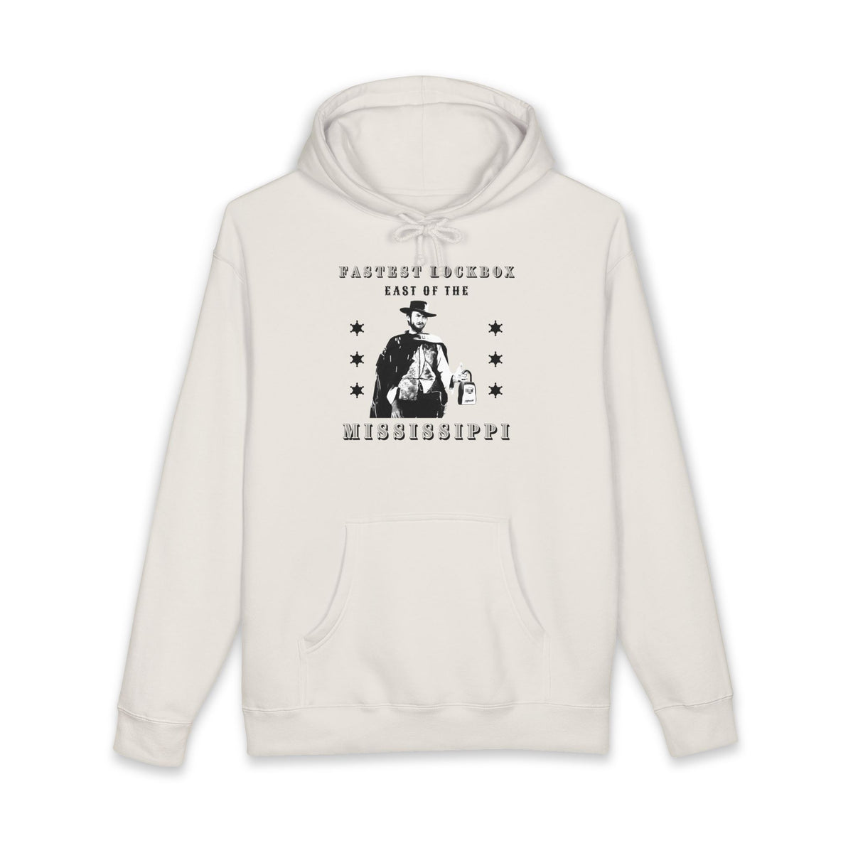 Bone hoodie printed with the Fastest Lockbox East design