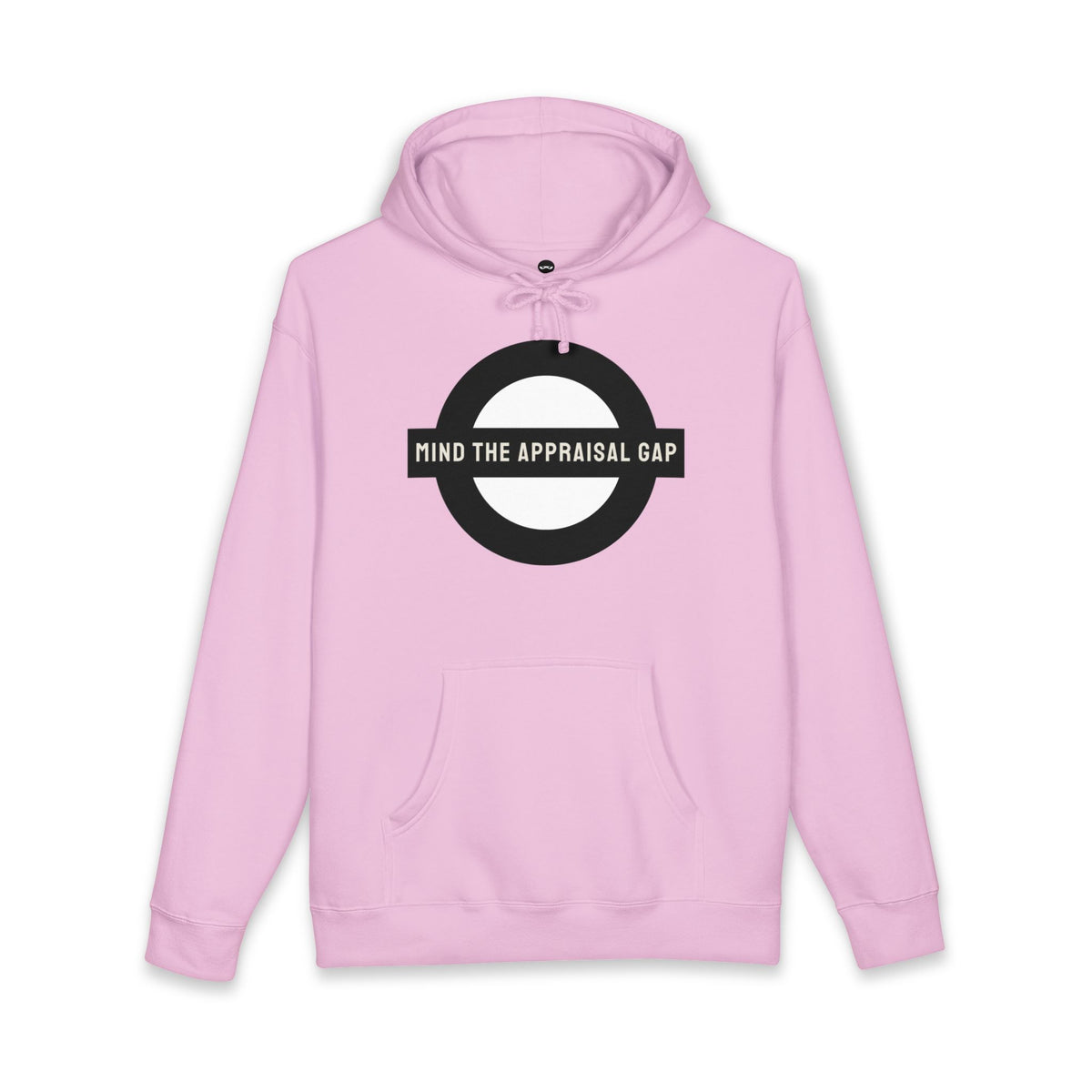Light Pink hoodie printed with the Mind the Appraisal Gap design