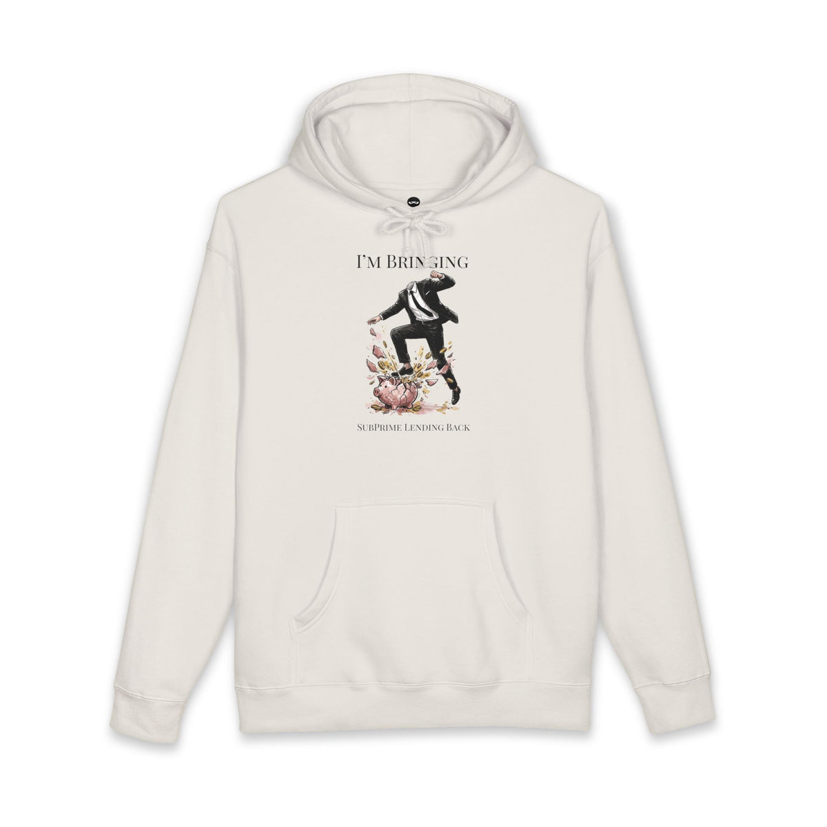 Bone hoodie printed with the Subprime Lending design