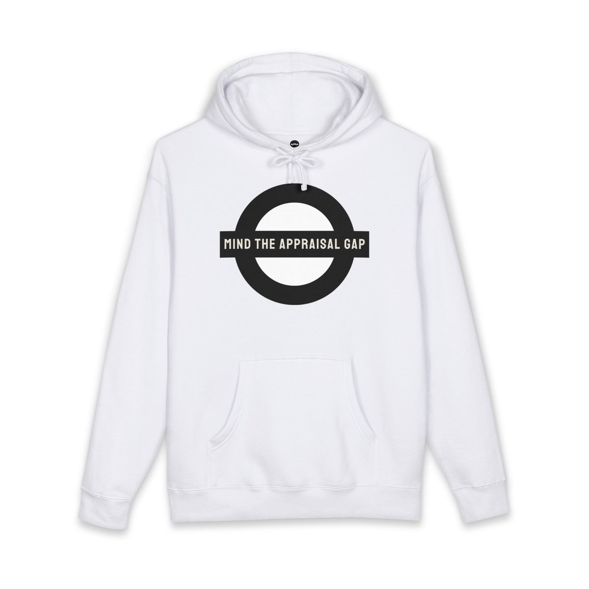 White hoodie printed with the Mind the Appraisal Gap design