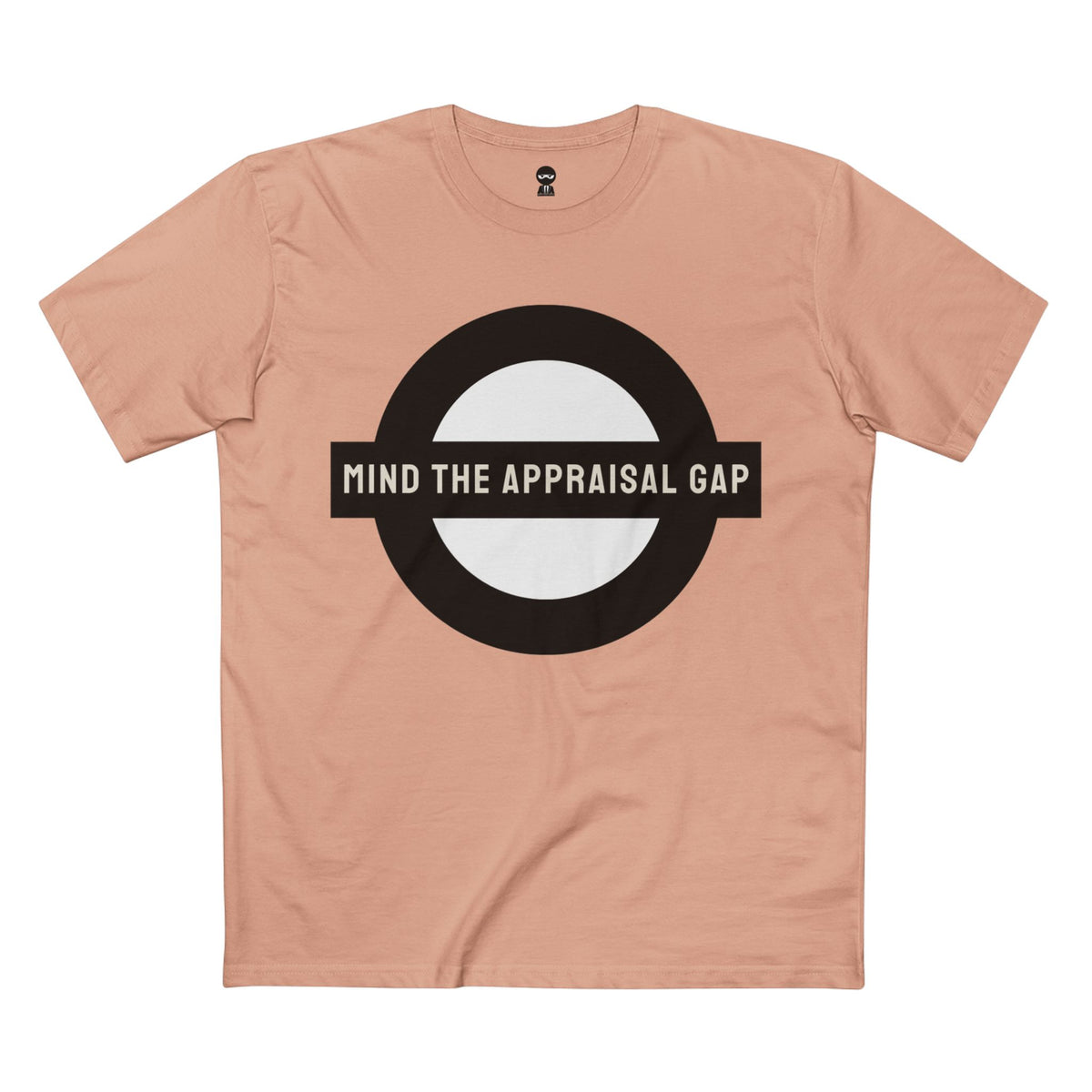 Pale Pink t-shirt printed with the Mind the Appraisal Gap design