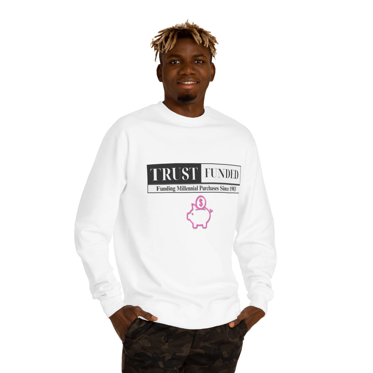 Crewneck sweatshirt printed with the Trust Funded design