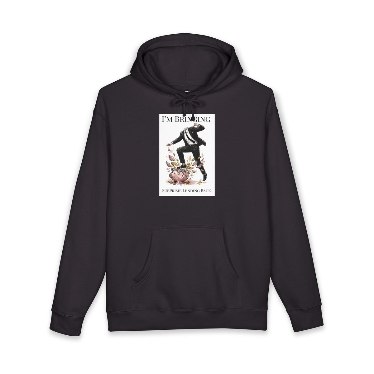 Black hoodie printed with the Subprime Lending design