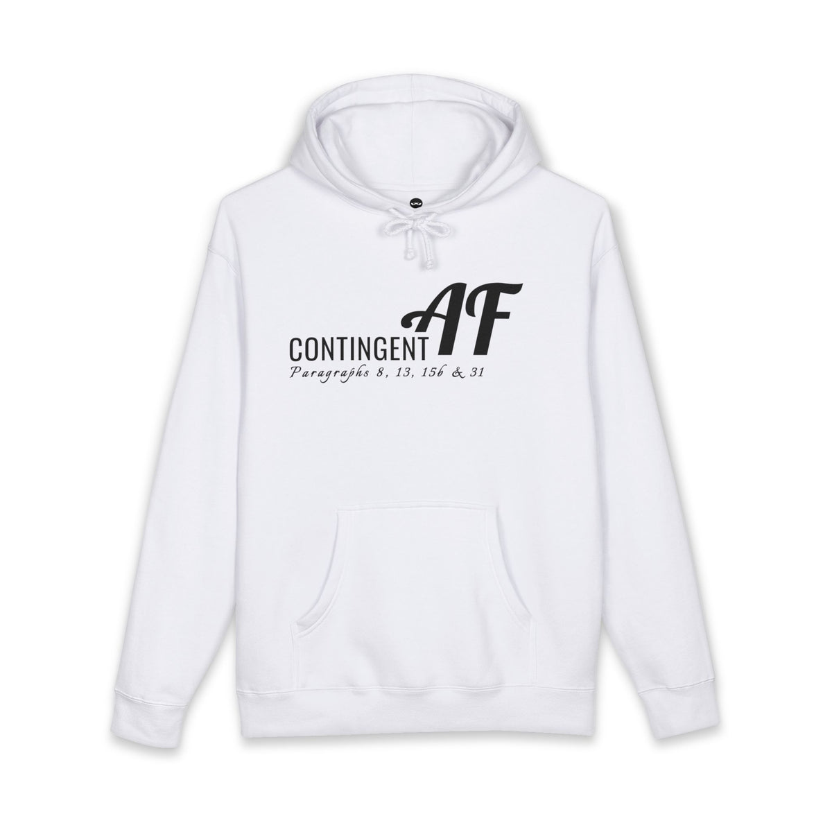 White hoodie printed with the Contingent AF design