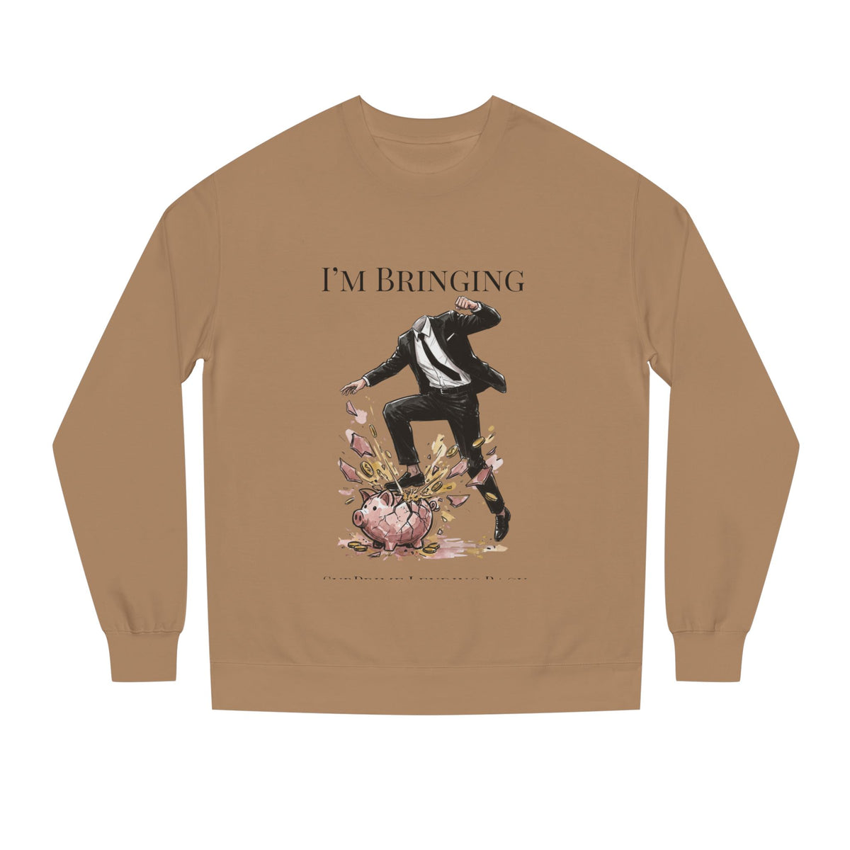 Sandstone crewneck sweatshirt printed with the Subprime Lending design