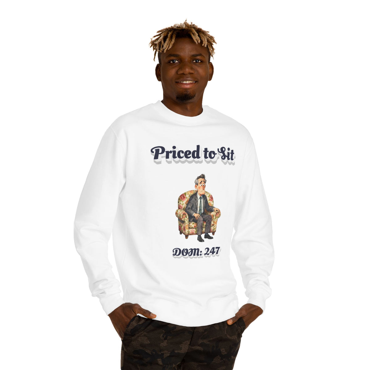 Crewneck sweatshirt printed with the Priced to Sit design
