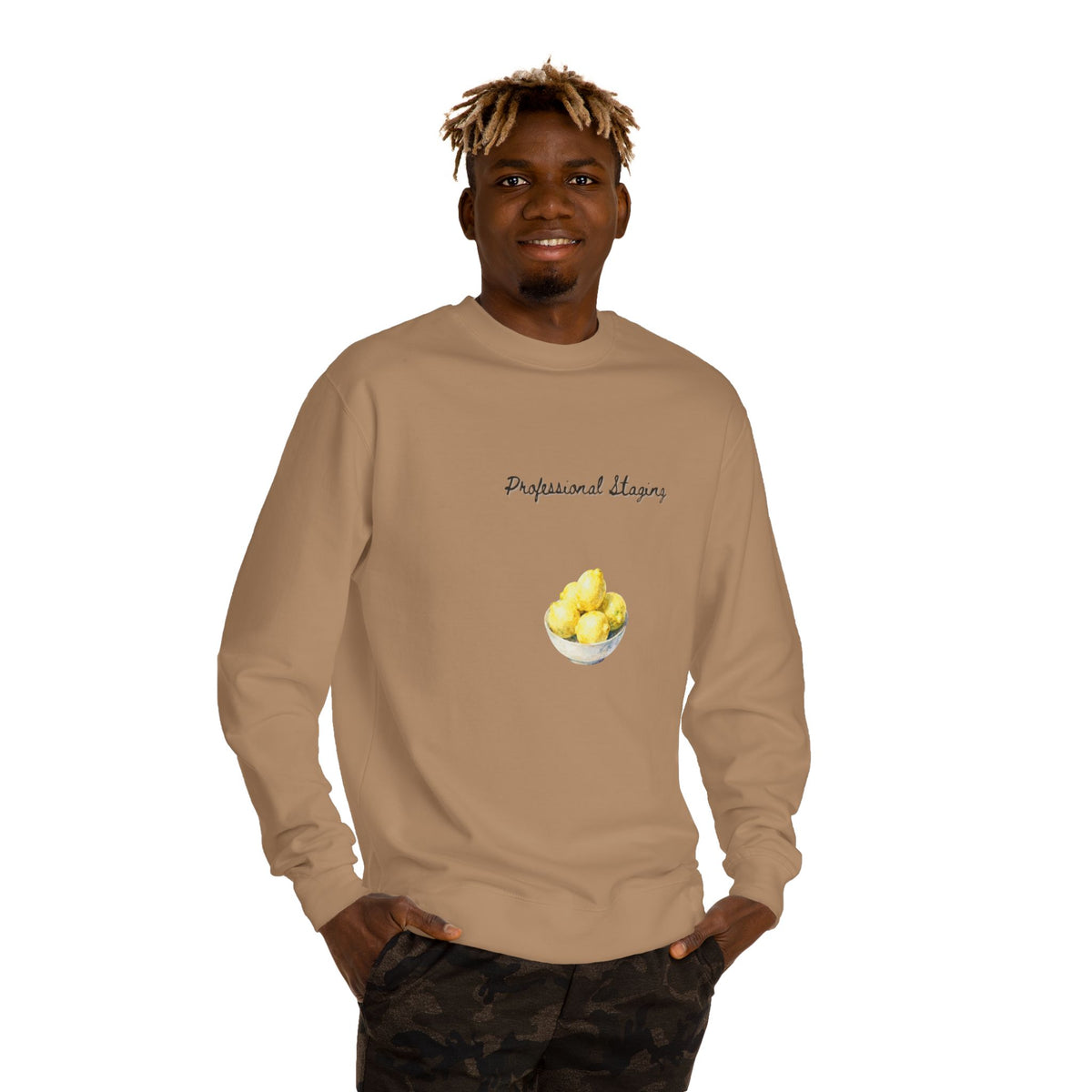 Crewneck sweatshirt printed with the Staged design