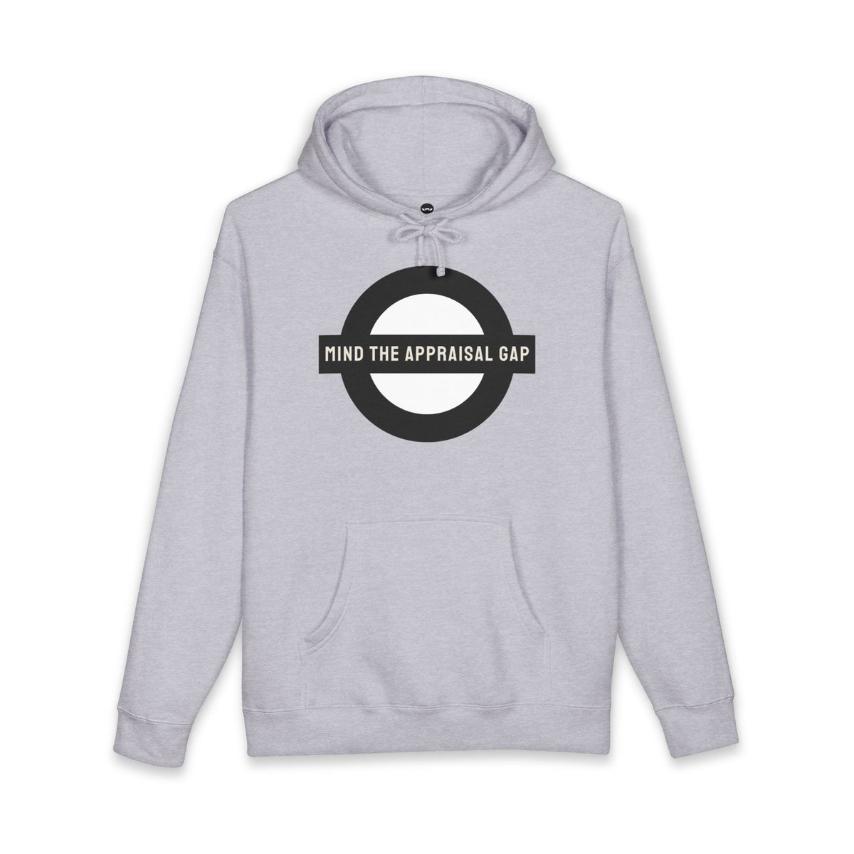Grey Heather hoodie printed with the Mind the Appraisal Gap design