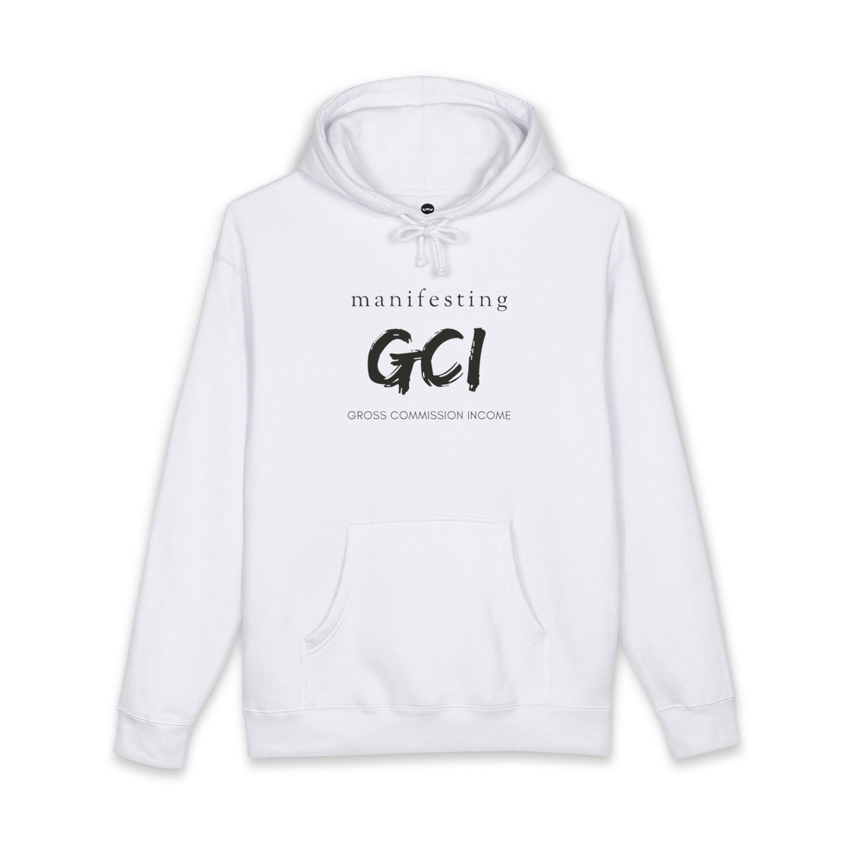 White hoodie printed with the Manifesting GCI design