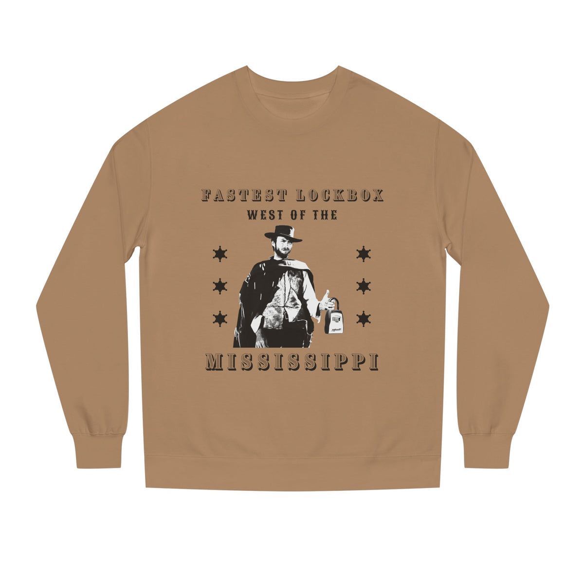 Sandstone crewneck sweatshirt printed with the Fastest Lockbox West design