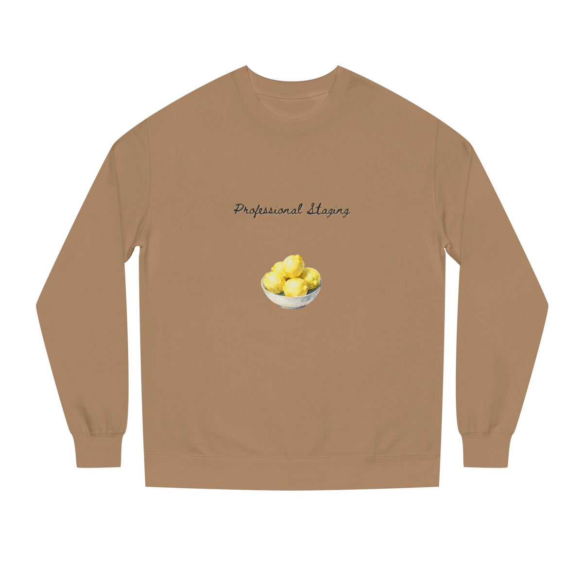Sandstone crewneck sweatshirt printed with the Staged design