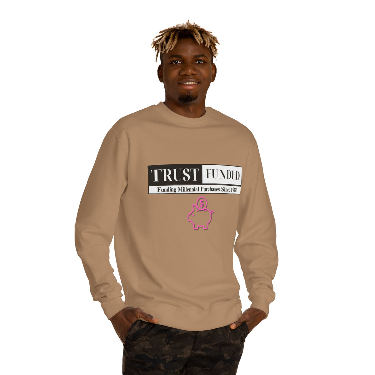 Crewneck sweatshirt printed with the Trust Funded design
