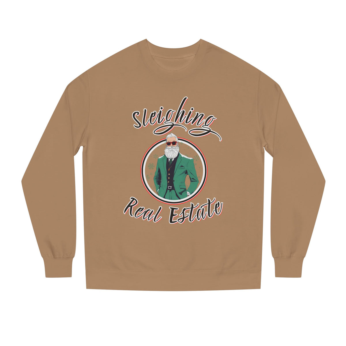 Sandstone crewneck sweatshirt printed with the Sleighing Real Estate design