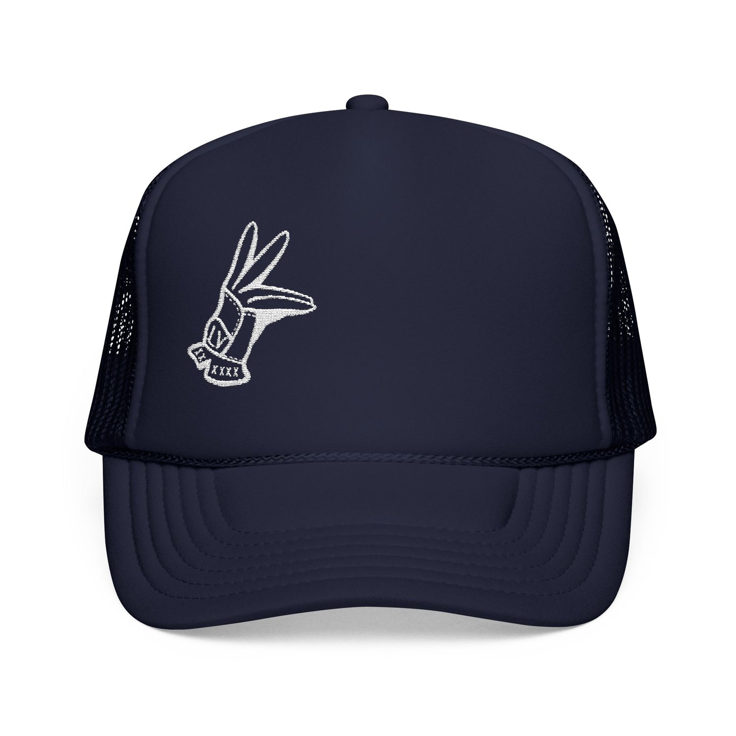 Retro Embroidered 5 Panel Trucker Cap - LV Hand Sign