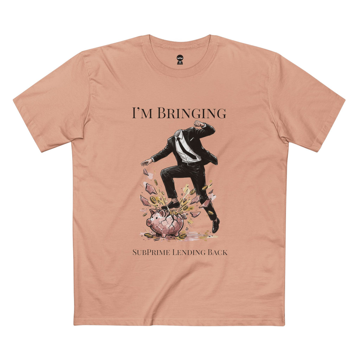 Pale Pink t-shirt printed with the Subprime Lending design