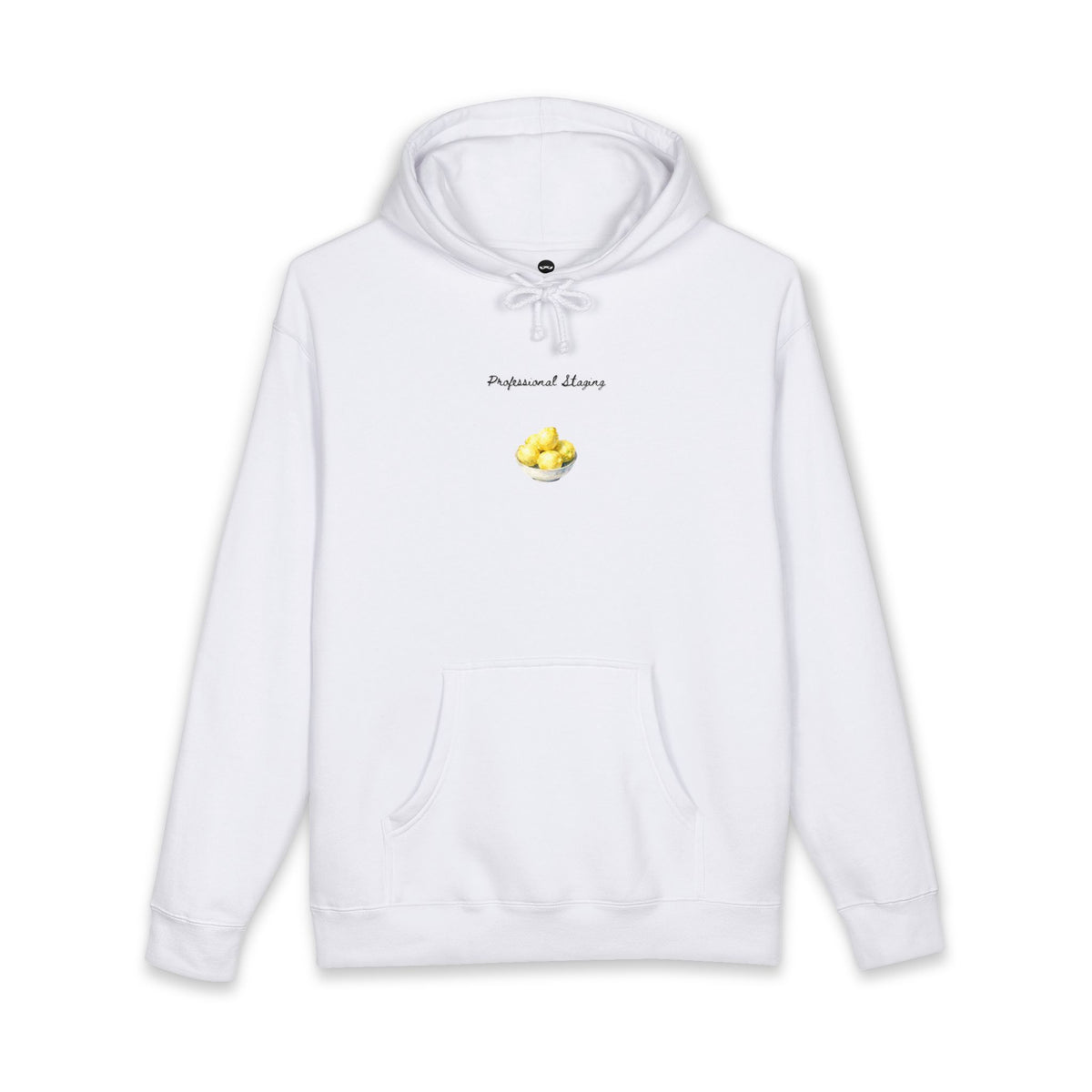 White hoodie printed with the Staged design