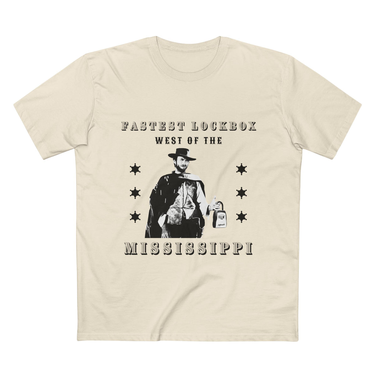 Natural t-shirt printed with the Fastest Lockbox West design