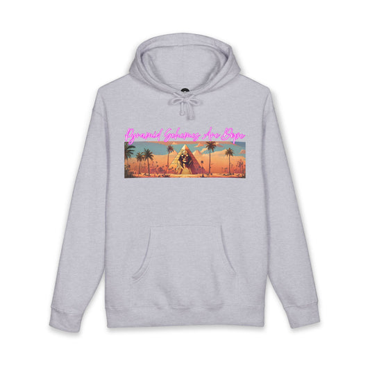 Grey Heather hoodie printed with the Pyramid Schemes Are Dope design