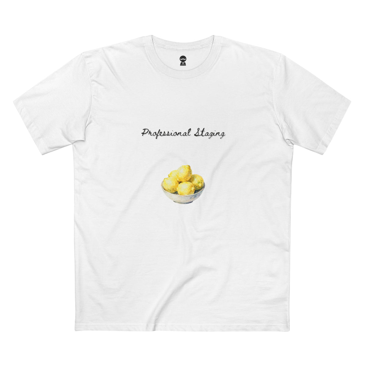 White t-shirt printed with the Staged design