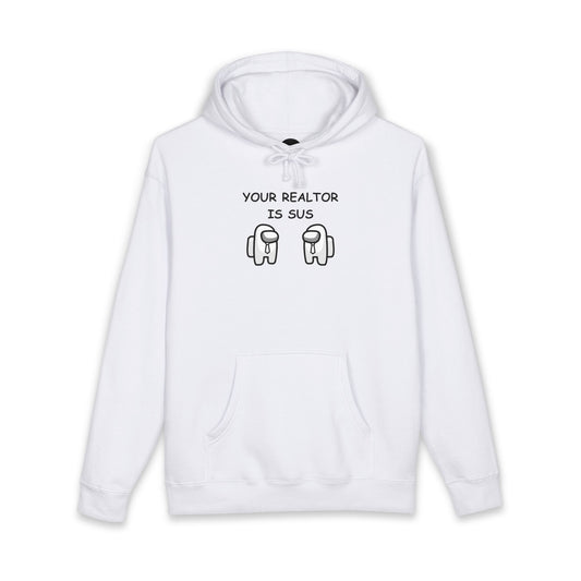 White hoodie printed with the Your Realtor Is Sus design