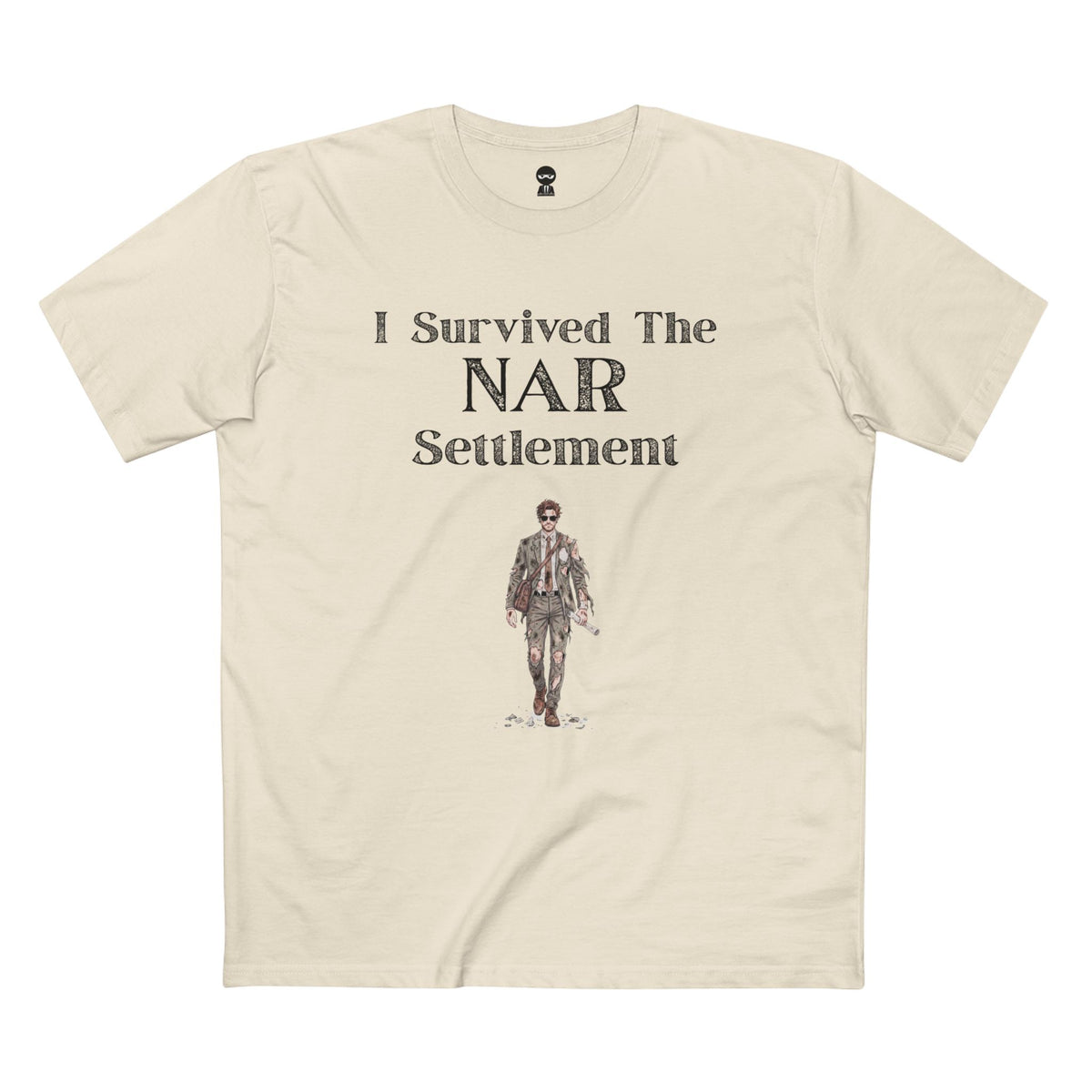 Natural t-shirt printed with the I Survived the NAR Settlement design