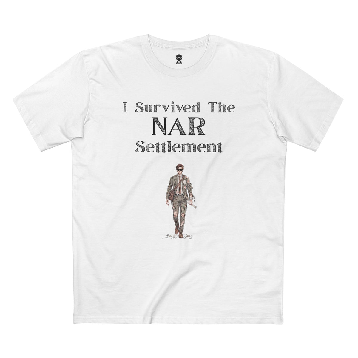 White t-shirt printed with the I Survived the NAR Settlement design