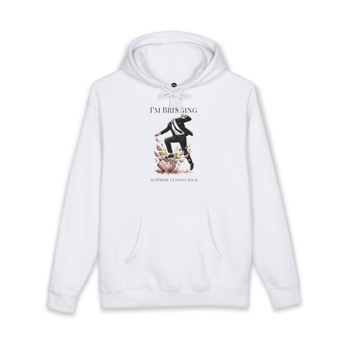 White hoodie printed with the Subprime Lending design