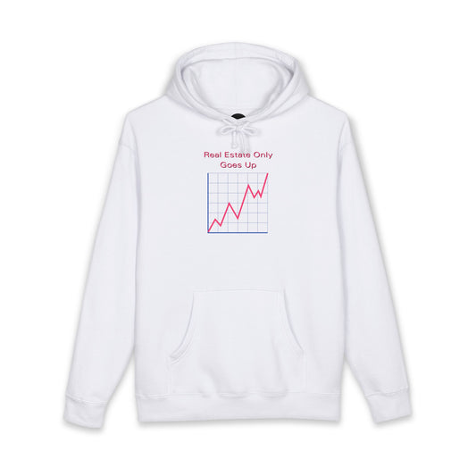 White hoodie printed with the Real Estate Only Goes Up design