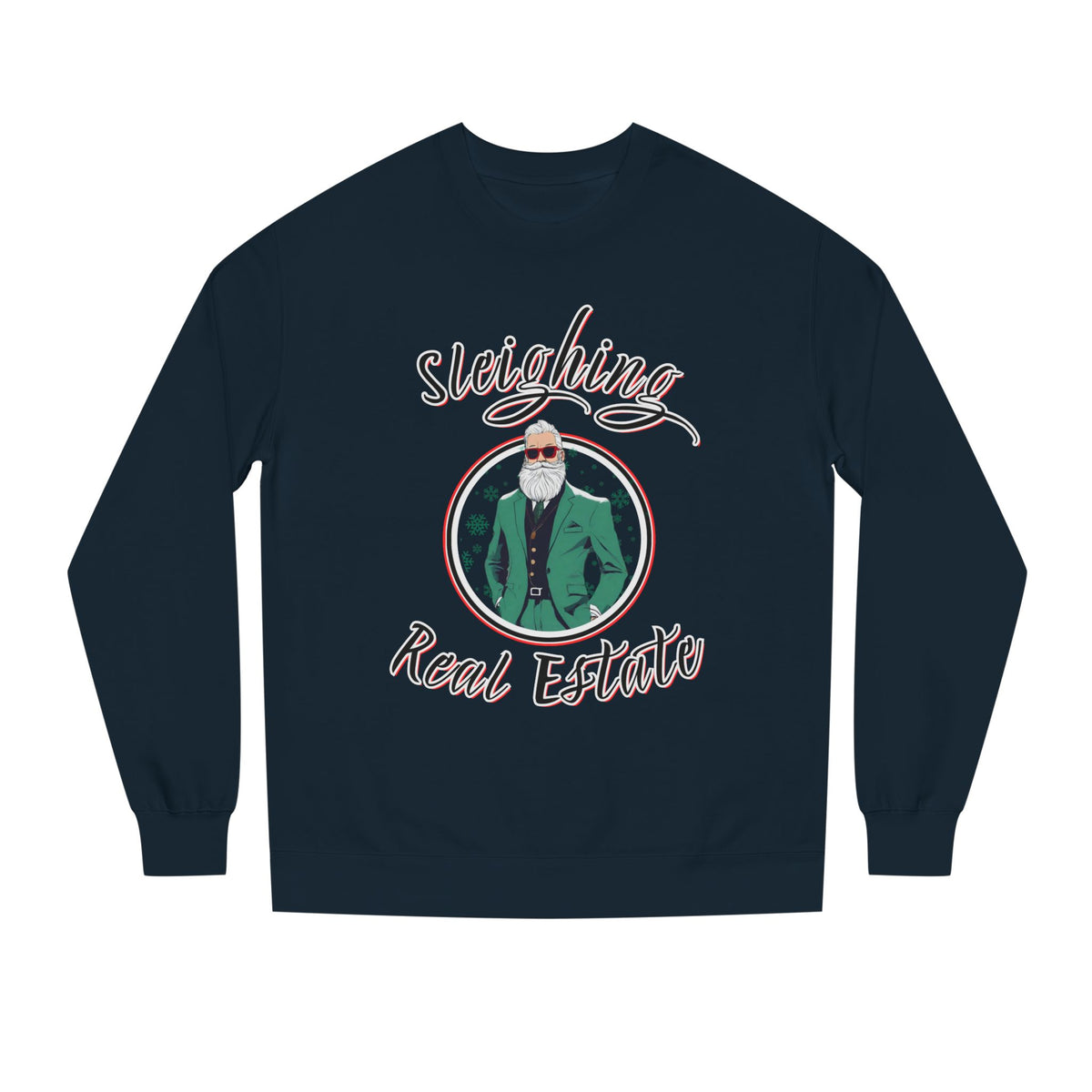 Classic Navy crewneck sweatshirt printed with the Sleighing Real Estate design