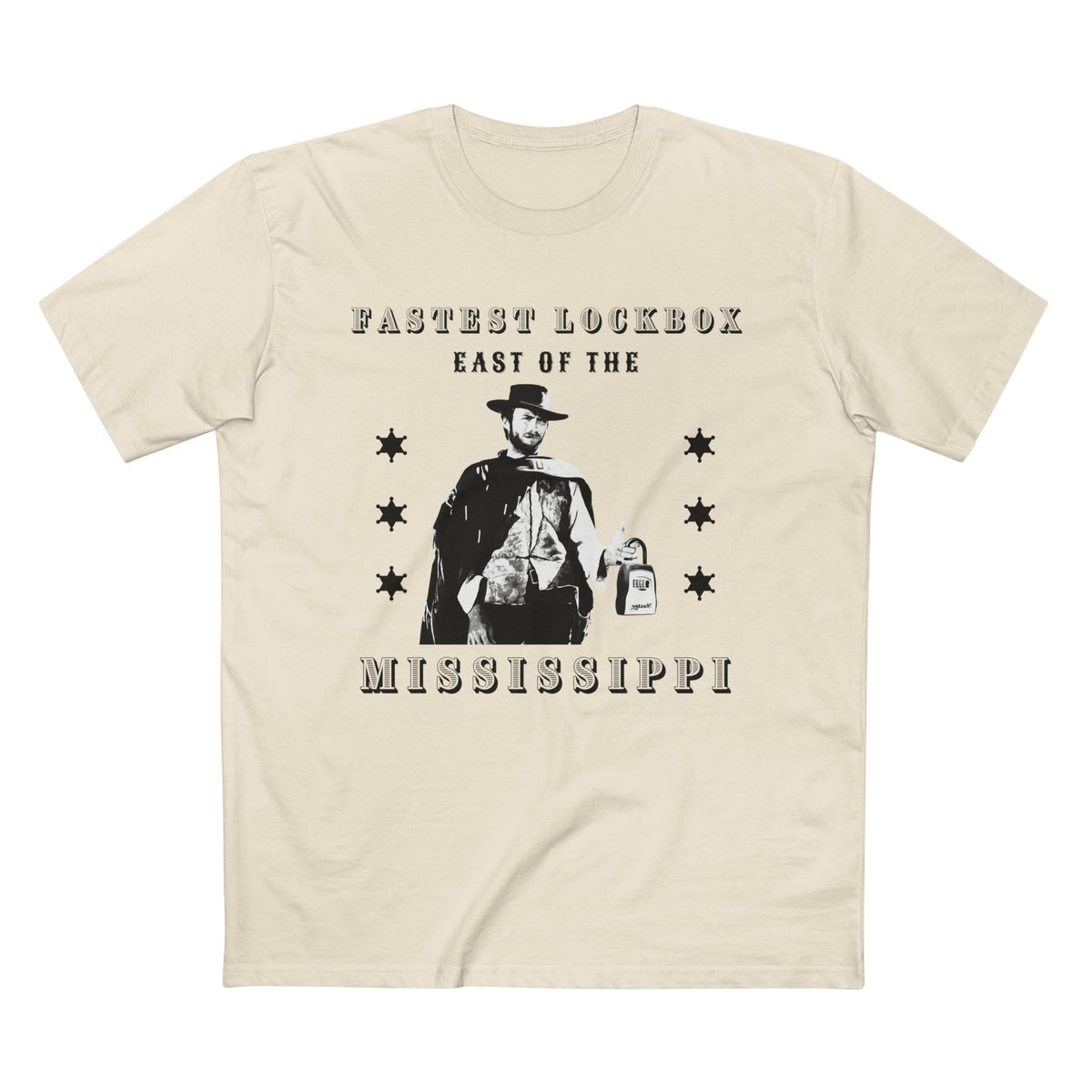 Natural t-shirt printed with the Fastest Lockbox East design