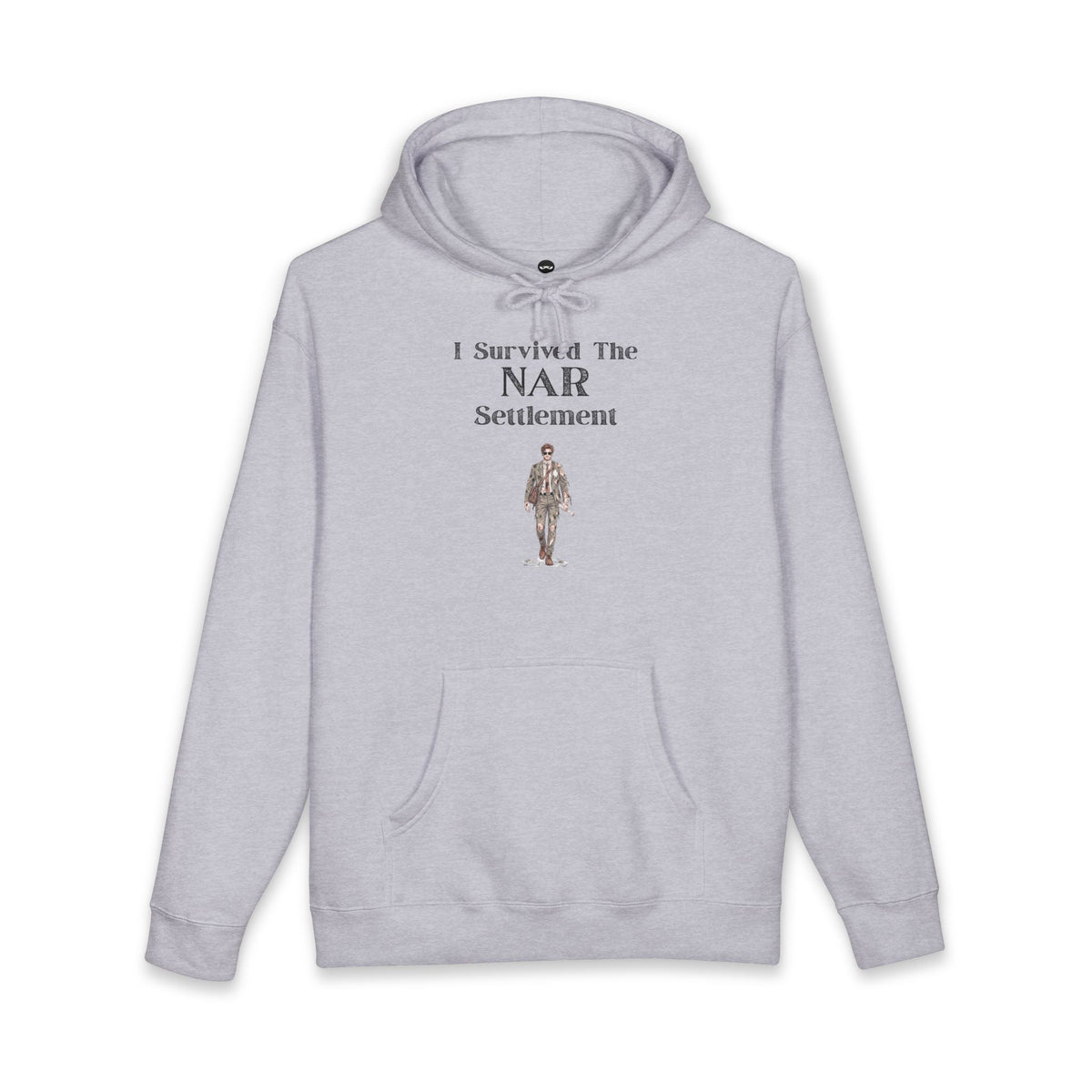 Grey Heather hoodie printed with the I Survived the NAR Settlement design