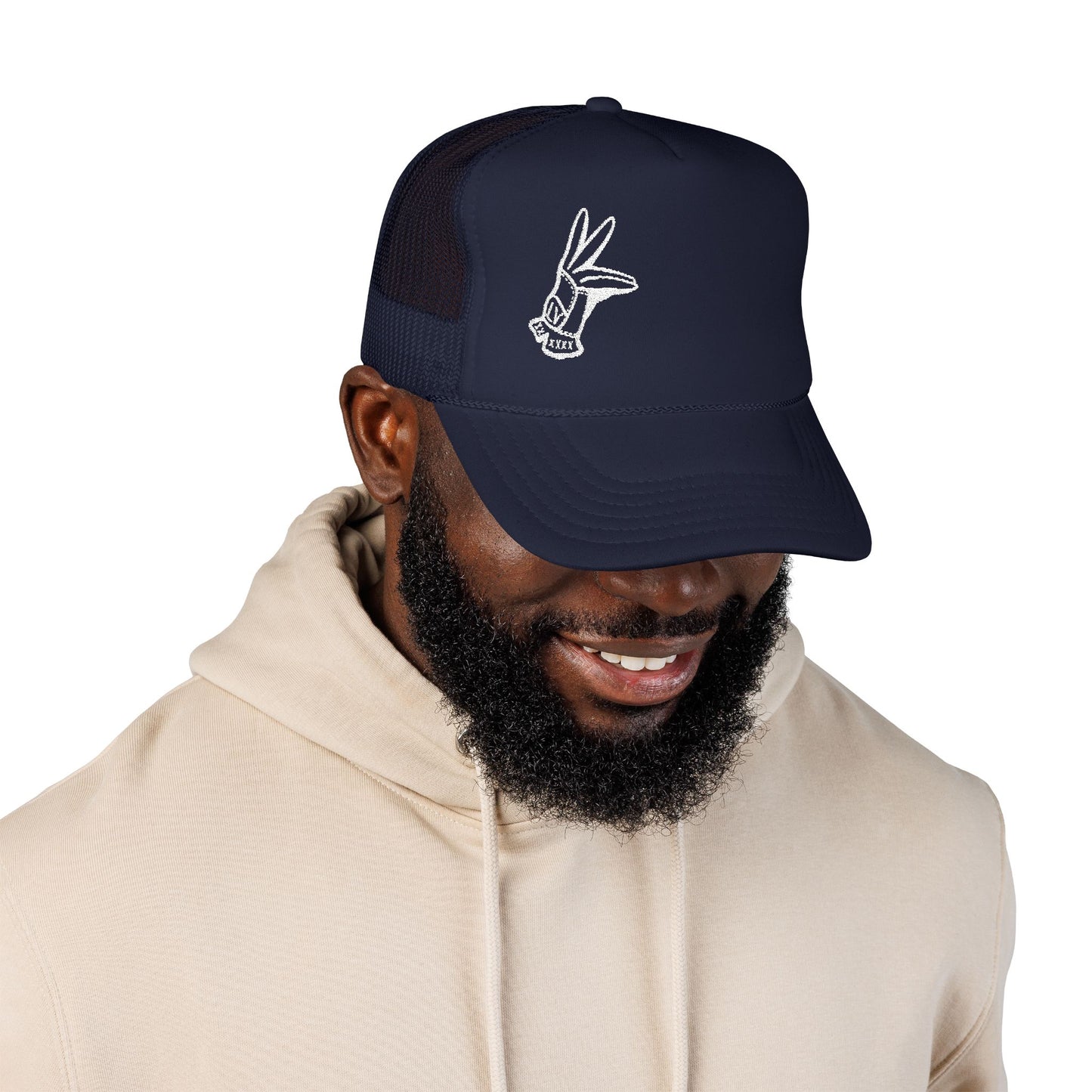 Retro Embroidered 5 Panel Trucker Cap - LV Hand Sign