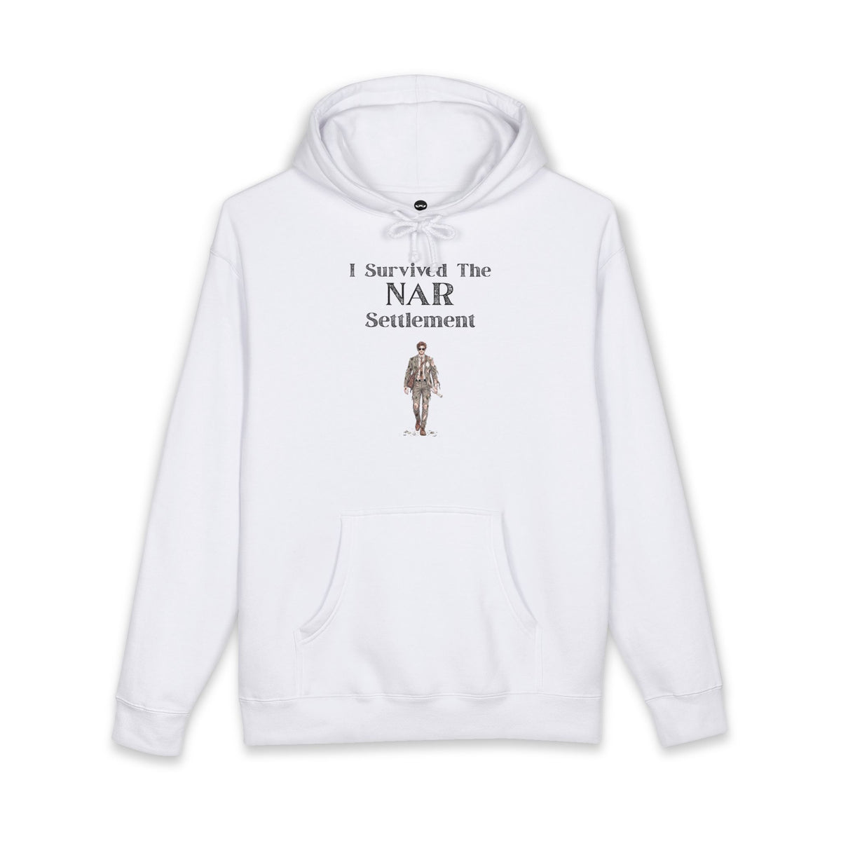 White hoodie printed with the I Survived the NAR Settlement design