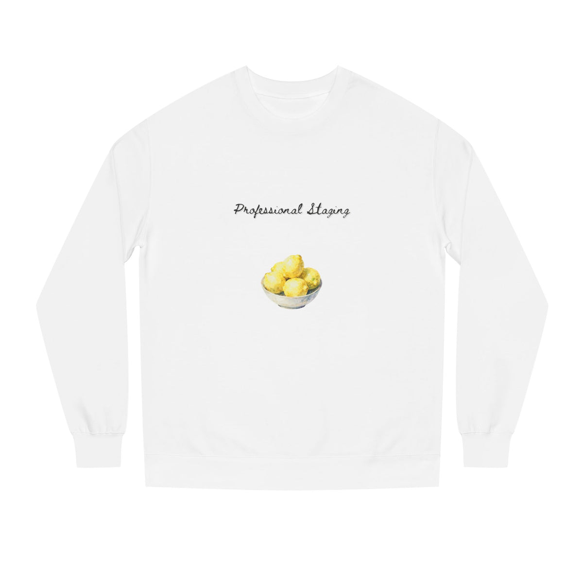 White crewneck sweatshirt printed with the Staged design