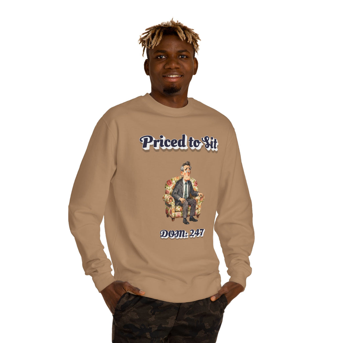 Crewneck sweatshirt printed with the Priced to Sit design
