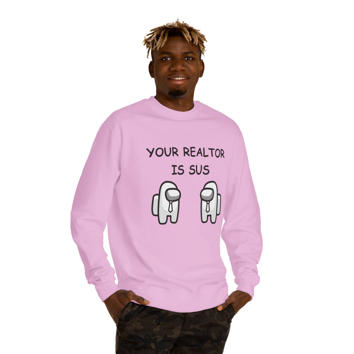 Crewneck sweatshirt printed with the Your Realtor Is Sus design