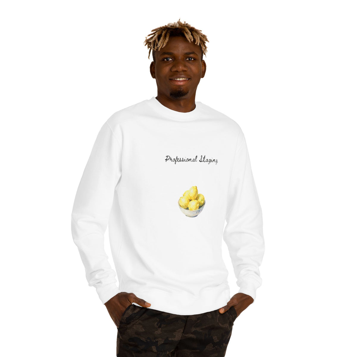 Crewneck sweatshirt printed with the Staged design