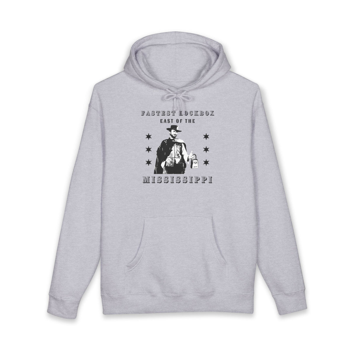Grey Heather hoodie printed with the Fastest Lockbox East design