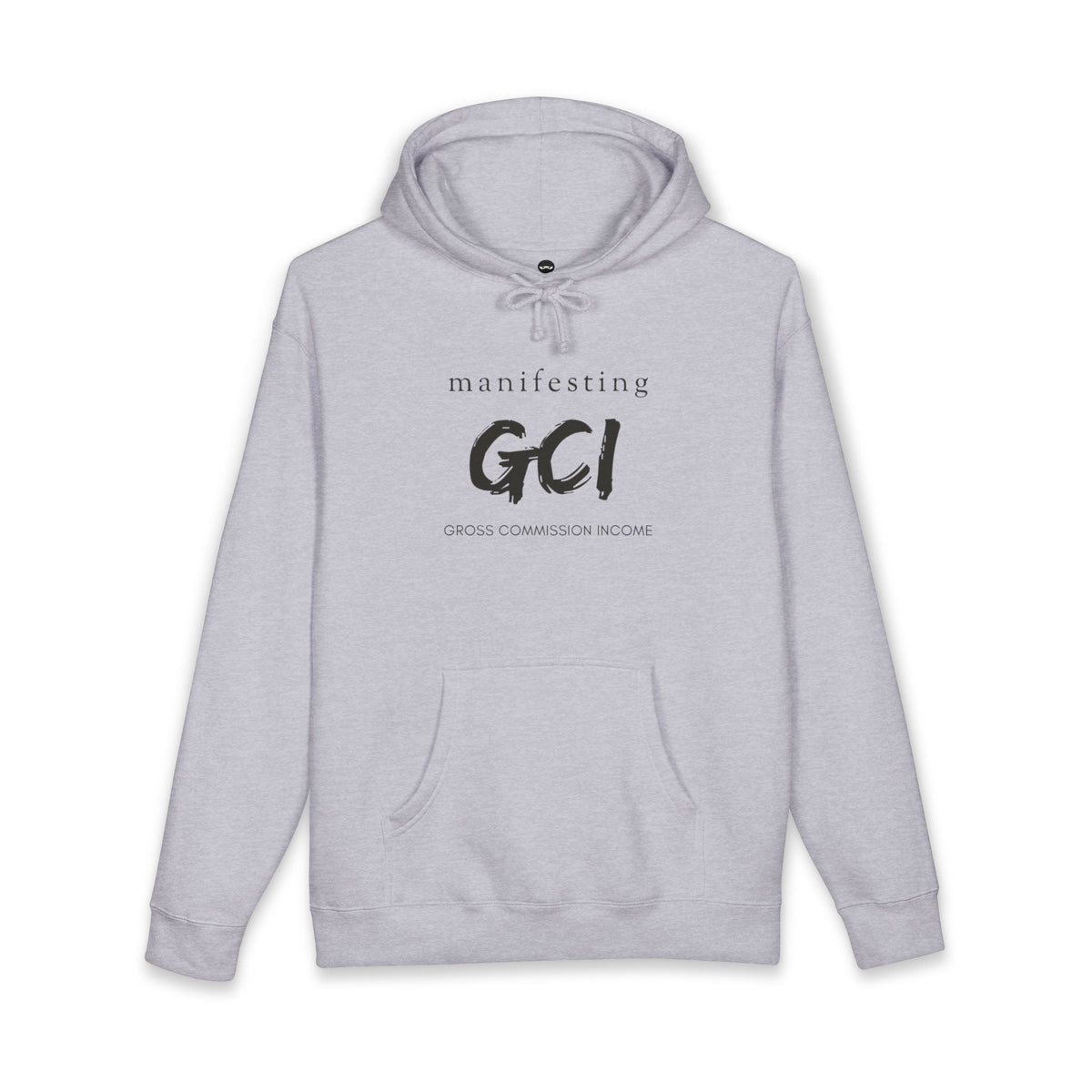 Grey Heather hoodie printed with the Manifesting GCI design