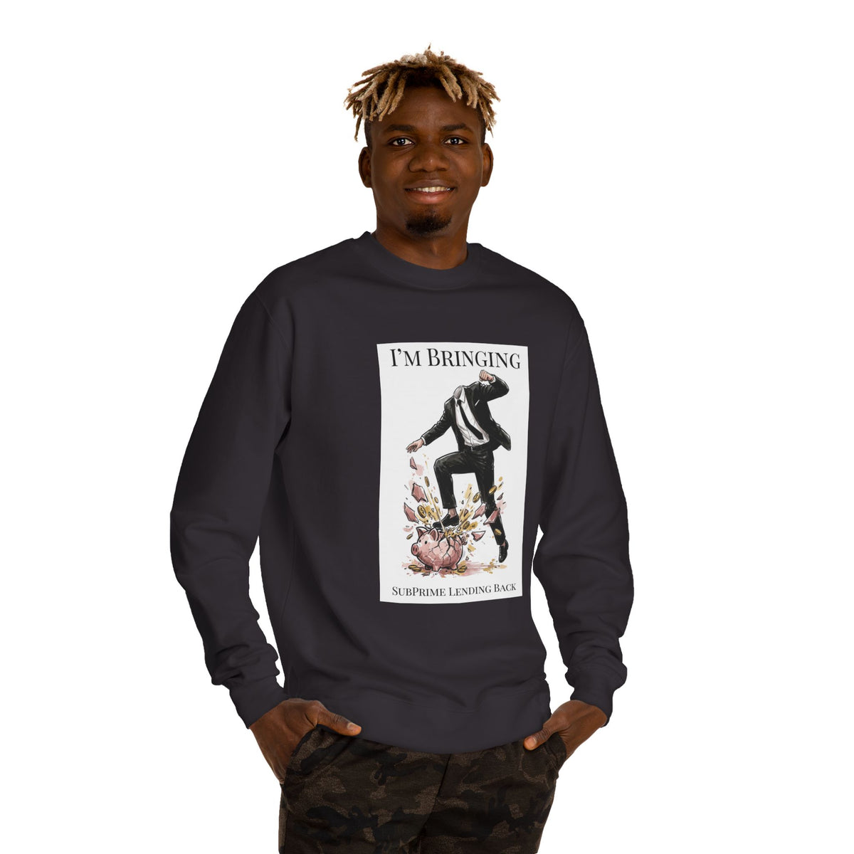 Crewneck sweatshirt printed with the Subprime Lending design